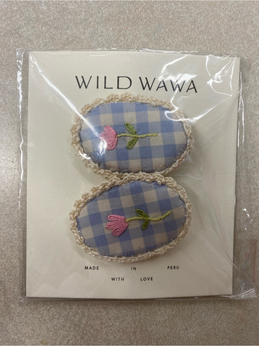 Wild Wawa Blue Gingham Floral Hair Clips / NIB